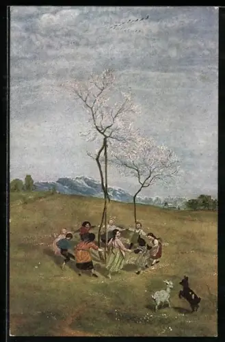 Künstler-AK Hans Thoma: Frühling, Kinder tanzen im Kreis um blühenden Baum