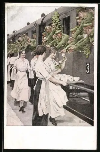 Künstler-AK Brynolf Wennerberg: Soldaten im Zug werden am Bahnhof verpflegt