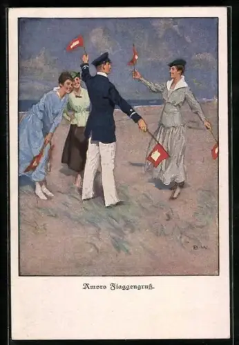 Künstler-AK Brynolf Wennerberg: Amors Flaggengruss