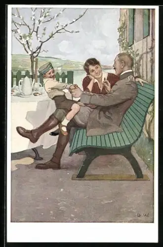 Künstler-AK Brynolf Wennerberg: Soldat mit seiner Familie auf einer Bank