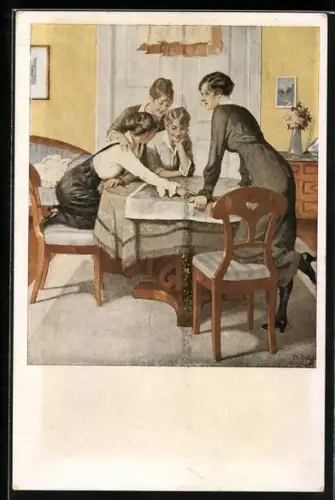 Künstler-AK Brynolf Wennerberg: Junge Frauen studieren die Kriegsstrategie über einer Landkarte