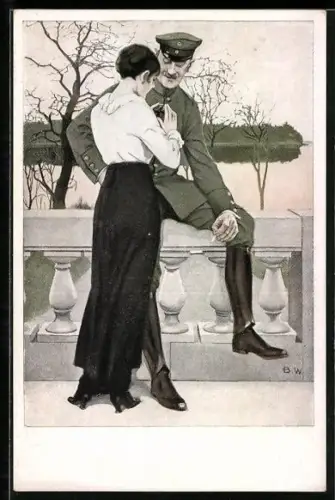 Künstler-AK Brynolf Wennerberg: Auf Urlaub, Soldat sitzt auf einem Geländer und flirtet mit einer Dame