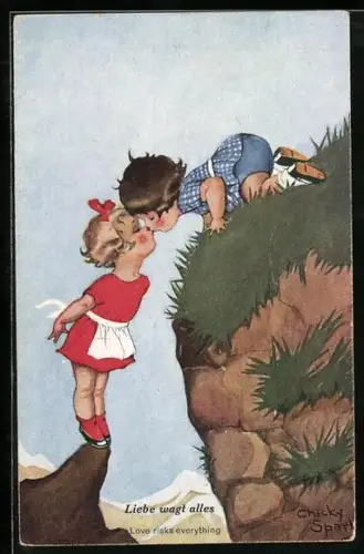 Künstler-AK Chicky Spark: Liebe wagt alles, Kuss über dem Abgrund