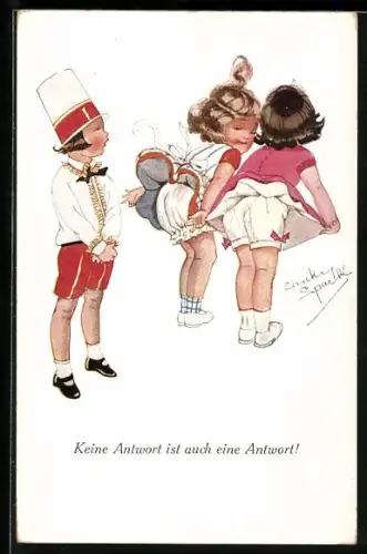 Künstler-AK Chicky Spark: Zwei Mädchen stehen mit dem Rücken zu Jungen