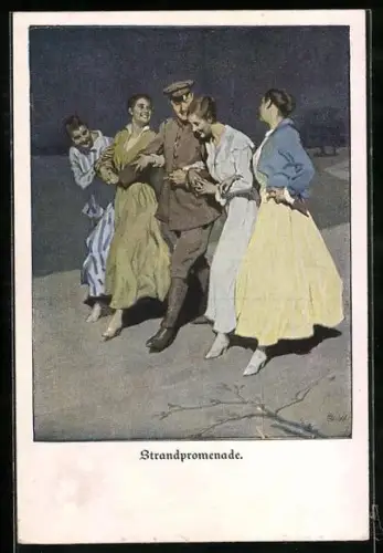 Künstler-AK Brynolf Wennerberg: Soldat und vier Frauen auf der Strandpromenade