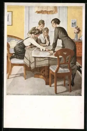 Künstler-AK Brynolf Wennerberg: Junge Frauen studieren die Kriegsstrategie über einer Landkarte