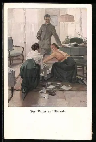 Künstler-AK Brynolf Wennerberg: Soldat im Urlaub zu Besuch bei seinen Cousinen