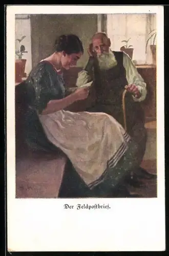 Künstler-AK Brynolf Wennerberg: Der Feldpostbrief, Frau liest diesen freudig vor, Alter Mann hört zu