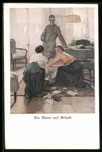 Künstler-AK Brynolf Wennerberg: Soldat im Urlaub zu Besuch bei seinen Cousinen