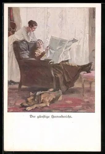 Künstler-AK Brynolf Wennerberg: Der günstige Heeresbericht, junge Frauen lesen Zeitung