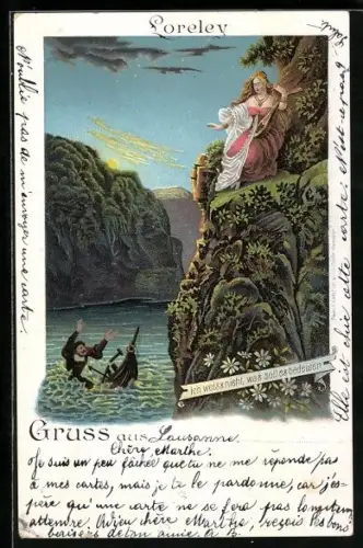 Künstler-Perl-AK Ein Schiffbrüchiger vor der Loreley