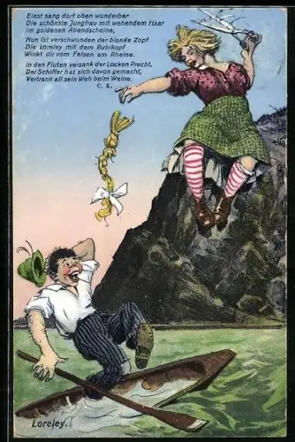 AK Loreley mit Schere auf Felsen und Mann im Boot