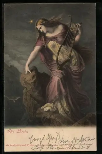AK Die Loreley mit Harfe auf dem Felsen
