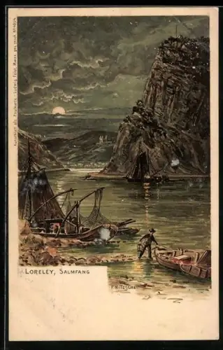 Lithographie Fischerboote und Uferblick zur Loreley bei Sonnenuntergang