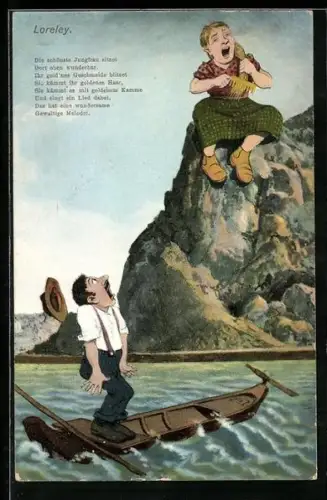 AK Loreley auf dem Felsen kämmt singend ihr Haar