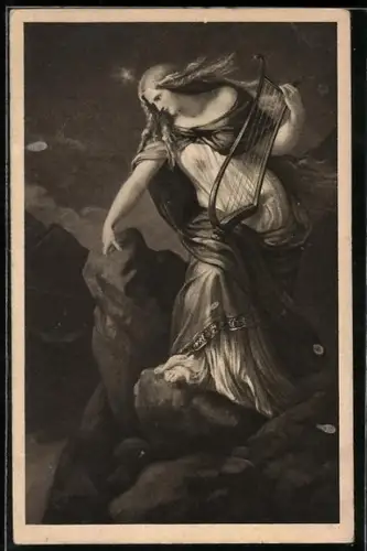 AK Loreley mit Harfe auf dem Felsen