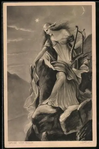 AK Loreley steht auf einem Felsen mit Harfe in der Hand