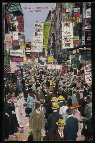 AK Leipzig, Petersstrasse mit Bannern zur Messe