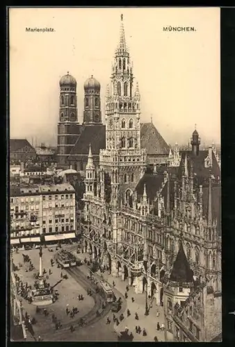 AK München, Marienplatz mit Kirche und Denkmal