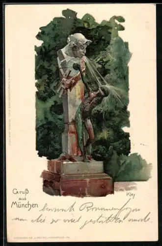 Künstler-AK Heinrich Kley: München, Brunnen, Mann bekommt Wasser ins Gesicht