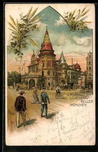 Lithographie München, Stadtleben am Löwenbräu-Keller