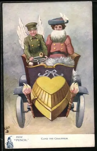 AK Fahrer und Frau mit Muff im Auto sitzend