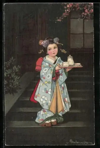 Künstler-AK E. Colombo: kleine Geisha serviert Tee