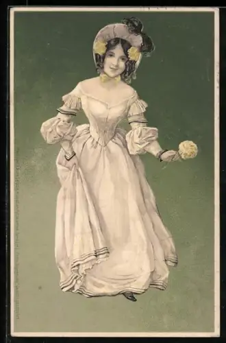 Künstler-Lithographie Meissner & Buch (M&B) Nr. 1141: junge Dame hält eine Blume in der Hand