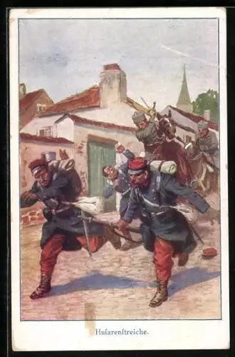 Künstler-AK Husarenstreiche, Kavallerie jagd Soldaten