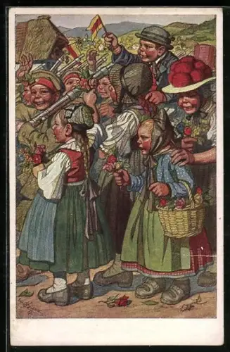 Künstler-AK Emil Beithan: Mädchen begrüssen Kindersoldaten