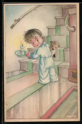 Künstler-AK Karel L.Links: Kind mit Kerze vor einer Treppe