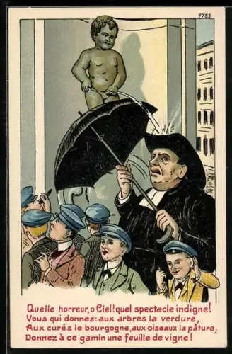 Lithographie Quelle horreur, Manneken Piss pinkelt auf Passanten