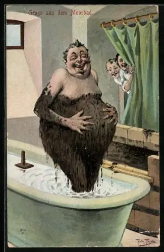 Künstler-AK Arthur Thiele: dicker Mann steht im Moorbad in einer Badewanne