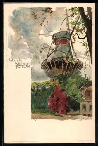 Künstler-AK Heinrich Kley: Potsdam, Blick auf die historische Windmühle