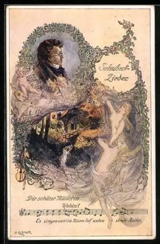 Künstler-AK Schubert-Lied Die schöne Müllerin.Wohin?, Portrait des Komponisten mit Engeln und Blumenornamenten