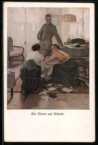 Künstler-AK Brynolf Wennerberg: Soldat im Urlaub zu Besuch bei seinen Cousinen