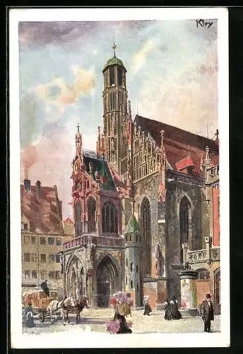 Künstler-AK Heinrich Kley: Nürnberg, Leute vor der Frauenkirche, Fuhrwerk