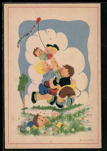 Künstler-AK Karel L. Links: Kinder auf einer Wiese lassen einen Drachen steigen
