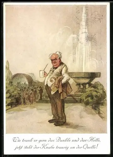 Künstler-AK Heinz Geilfus: Mann steht mit Wasserglas vor einen Brunnen