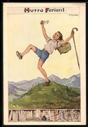 Künstler-AK Franziska Schenkel: Hurra Ferien!, Wanderndes Mädchen
