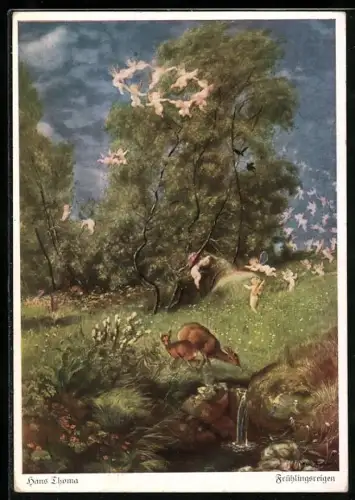 Künstler-AK Hans Thoma: Frühlingsreigen, Tiere und Engel im Wald