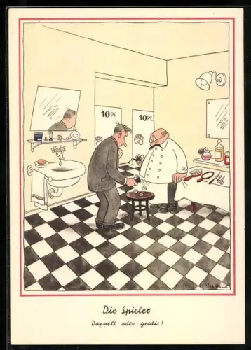 Künstler-AK Will Halle: Die Spieler, Männer würfeln beim Friseur