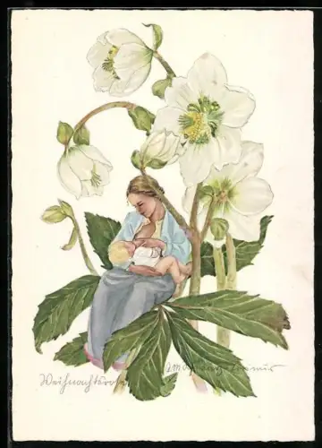 Künstler-AK Schwarz-Torino: Weihnachtsrose, Elfenmutter beim Stillen ihres Babys