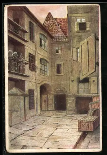 AK Breslau, Hof 1. Links Wirtschaftsräume, Geradeaus Eingang zu den Riesenkellern