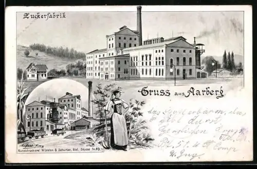 Lithographie Aarberg, Ansichten der Zuckerfabrik, Frau in Tracht