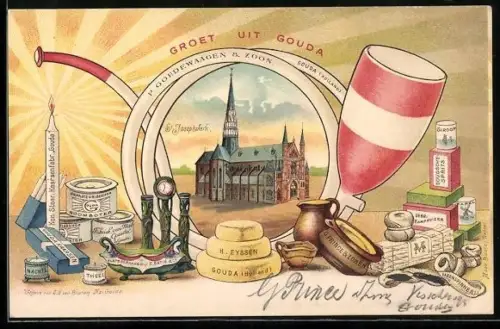 AK Gouda, St. Josephskerk, Reklame für Gauda-Käse
