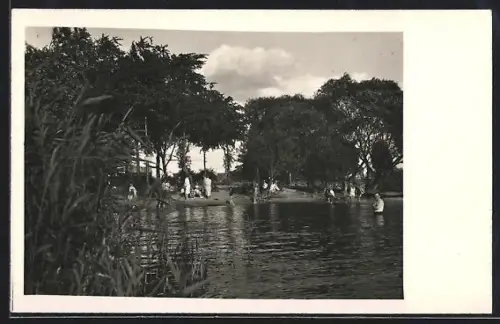 Foto-AK Schlänitzsee, Badende am Ufer 1929