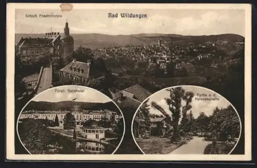 AK Bad Wildungen, Schloss Friedrichstein, Fürstl. Badehotel, Partie an der Helenenquelle