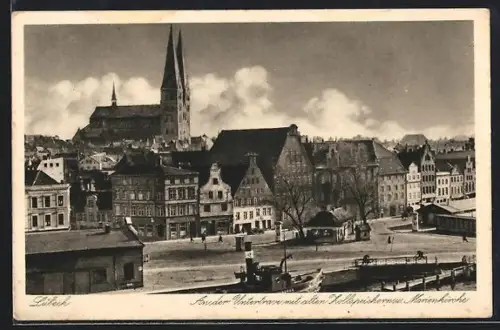 AK Lübeck, Untertrave mit alten Zollspeichern u. Marienkirche