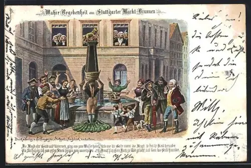 AK Stuttgart, Marktbrunnen, Wahre Begebenheit am Stuttgarter Markt-Brunnen